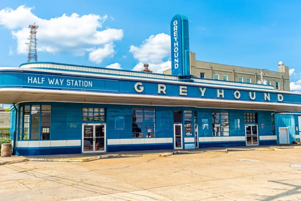 Vacant vintage Streamline Moderne blue and white Greyhound station in Jackson, Tennessee